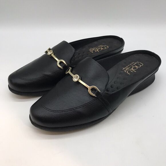 Malu Nettar Bejeweled Horse Bit Mule Womens 8 Black Leather Slip On Comfort Clog - Picture 3 of 11